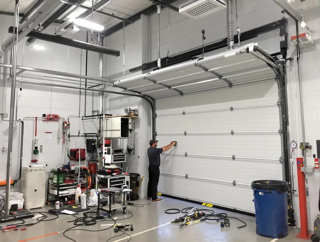 Pickerington Garage Door Repair certified technician performing commercial door repair at a Pickerington business facility