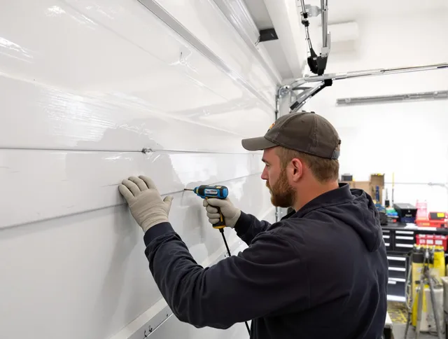 Pickerington Garage Door Repair technician demonstrating precision dent removal techniques on a Pickerington garage door