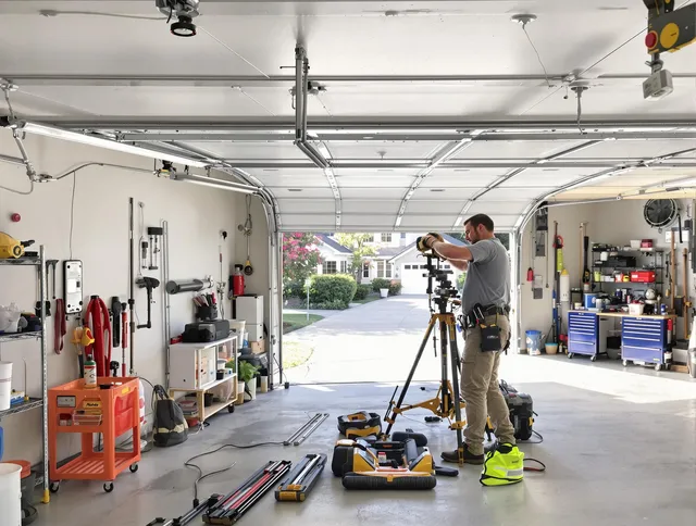 Pickerington Garage Door Repair specialist performing laser-guided track alignment in Pickerington